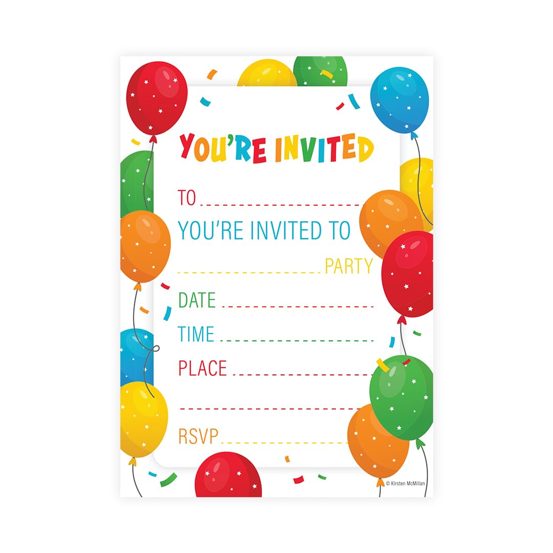 Kirsten McMillan 32 Orange Birthday Party Invitations for Kids with Envelopes - Pack of 32 Balloon Party Invites for Girls & Boys - Designed and Printed in the UK
