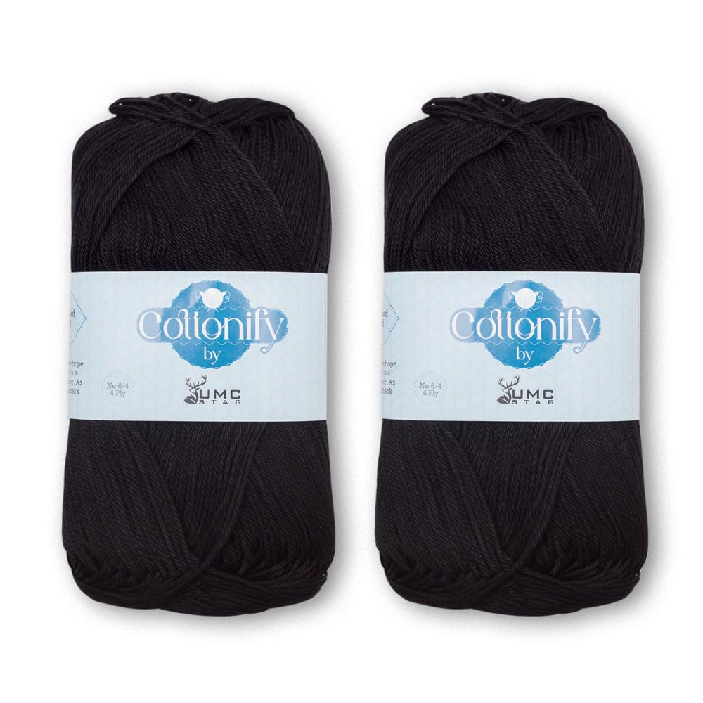 Cottonify 4 Ply Pack of 2 100% Combed Cotton Mercerized Crochet and Knitting Yarn| 4 Ply Medium Weight | Gassed & Mercerized Ne 6/4 Soft Yarn – 186 Yd 100 Grams per Ball | (2, Black)