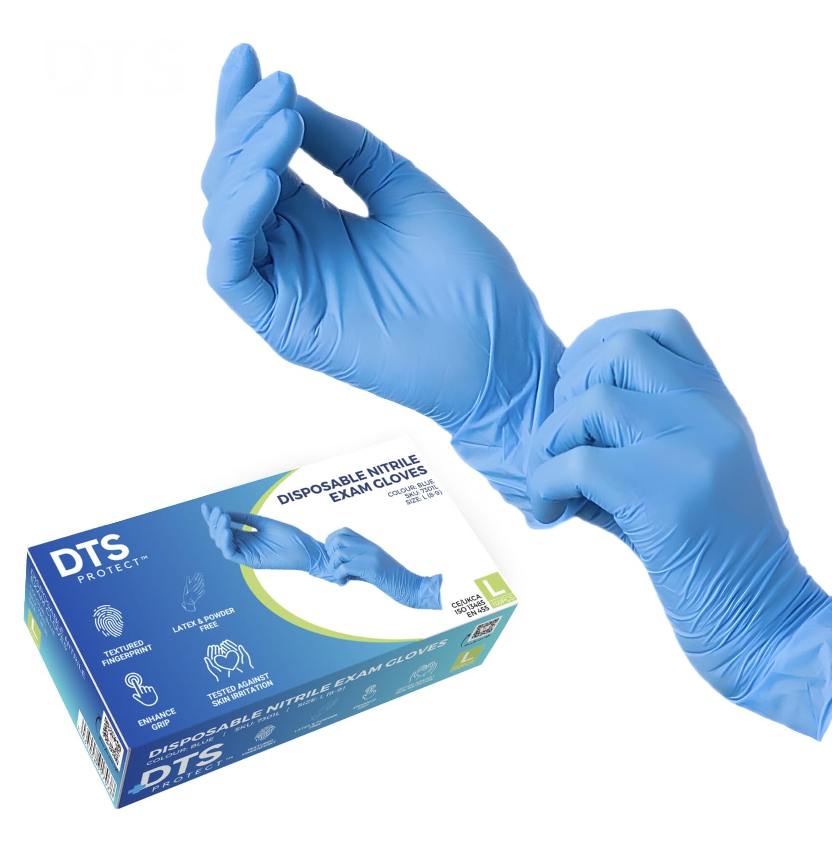 DTS PROTECT Nitrile Gloves - Disposable Gloves Box of 100 - Blue Gloves - Free from Latex Gloves - PPE Gloves, NON Sterile Gloves (Large)