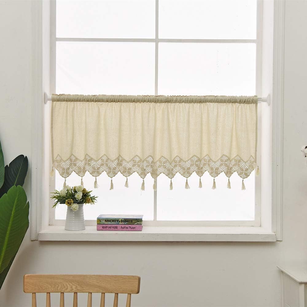ZHH Linen Short Kitchen Cafe Curtain, Window Valance with Tassel, Rod Pocket Light Filtering Curtain Valance for Living Room Bathroom, 30x150cm