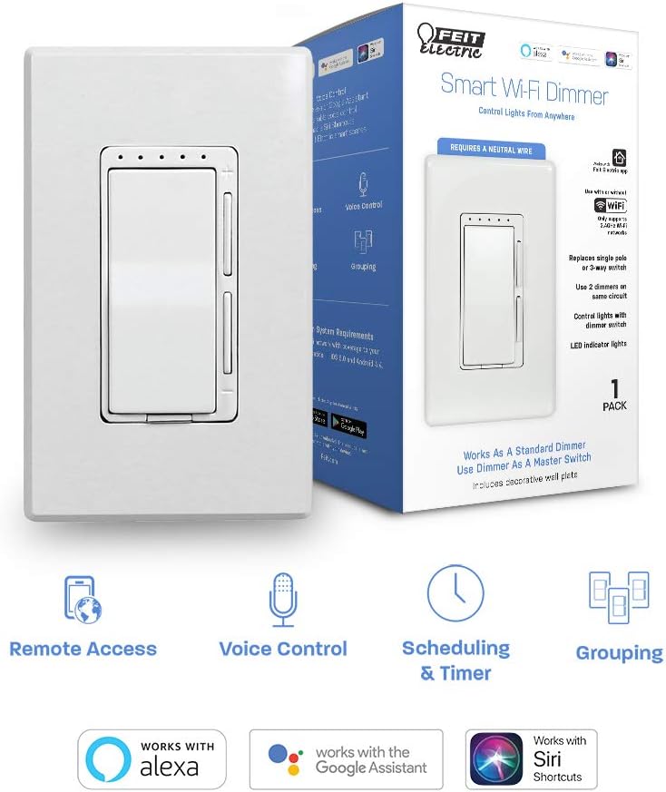 Feit Electric DIM WiFi Light Compatible with  Alexa and Google Assistant, Wiring is Required Smart Dimmer Switch, White - - 