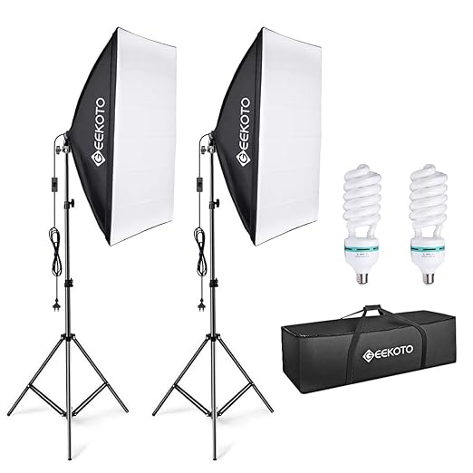 GEEKOTO Softbox Set Fotostudio 50 x 70cm, Dauerlicht Studioleuchte Set mit 2 Softboxlampen E27 85W 5500K, 2m Vollverstellbare
