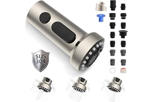 Hibbent Stainless Steels Pull Down Kitchen Faucet Head Replacement, 3 Function Sink Faucet Sprayer Head with 15 Adapters, Compatible with Moen, American Standard, Delta, Kohler Faucets, Brushed Nickel