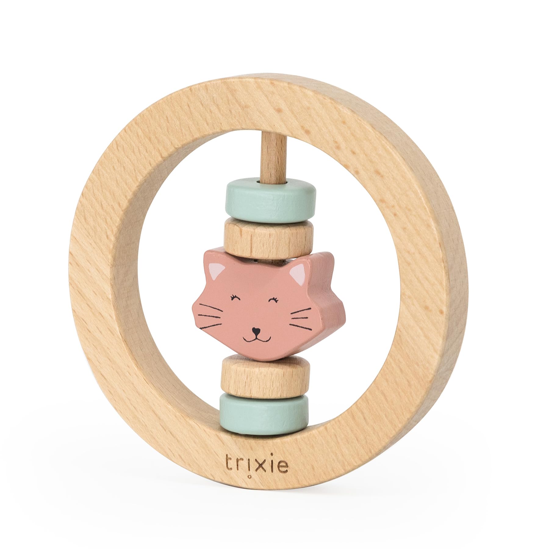 Trixie Wooden Round Rattle - Mrs. Cat - FSC-Certified Wood - BPA-Free Baby Rattle - Safe, Durable, and Easy-to-Grasp Design for Infants