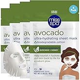 MISS SPA Avocado Ultra-Hydrating Sheet Mask Nourishing Face Mask with Avocado & Honey Deep Moisture Radiant Glow Biodegradable Cotton Dermatologist Tested Clean, 4 pack