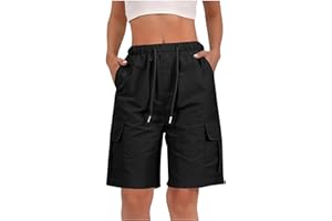 Oplxuo Cargo Shorts Women High Waisted Drawstring Wide Leg Knee Length Bermuda Shorts Summer Casual Loose with 4 Pockets