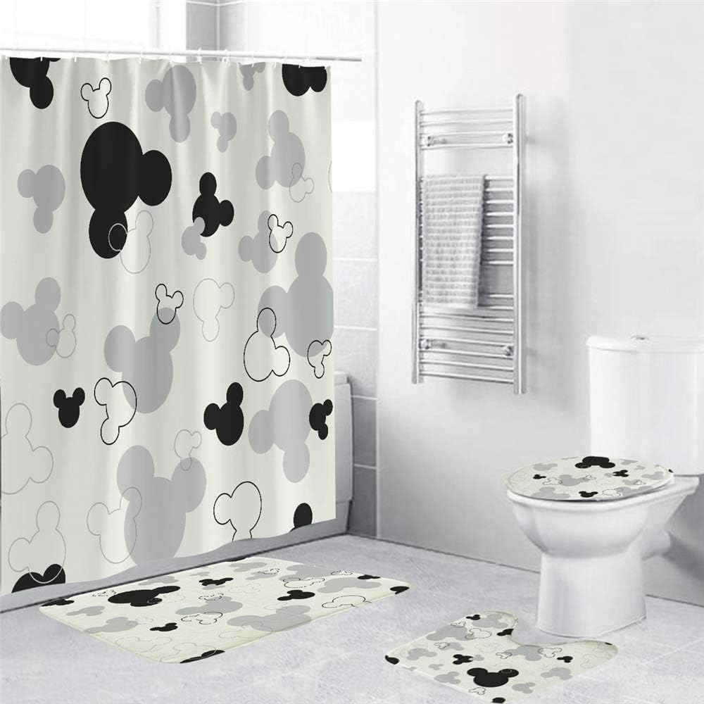 FNMDP 4 Piece 3D Cartoon Shower Curtain Set with Non-Slip Rug, Toilet Lid Cover, Bath Mat And 12 Hooks, Waterproof Shower Curtain Set
