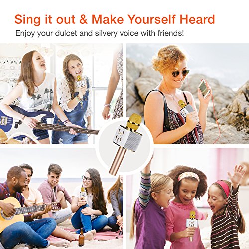 Microphone Karaoke, Wireless Handheld Kids Karaoke Microphone with Bluetooth Speaker, Compatible for iPhone ipad Android Smartphone Or PC, Home KTV Outdoor Party (Gold)