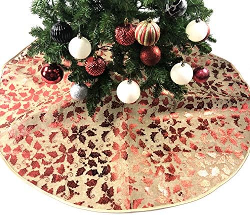 47" Khaki Burlap with Red Leaves Christmas Tree Skirt
