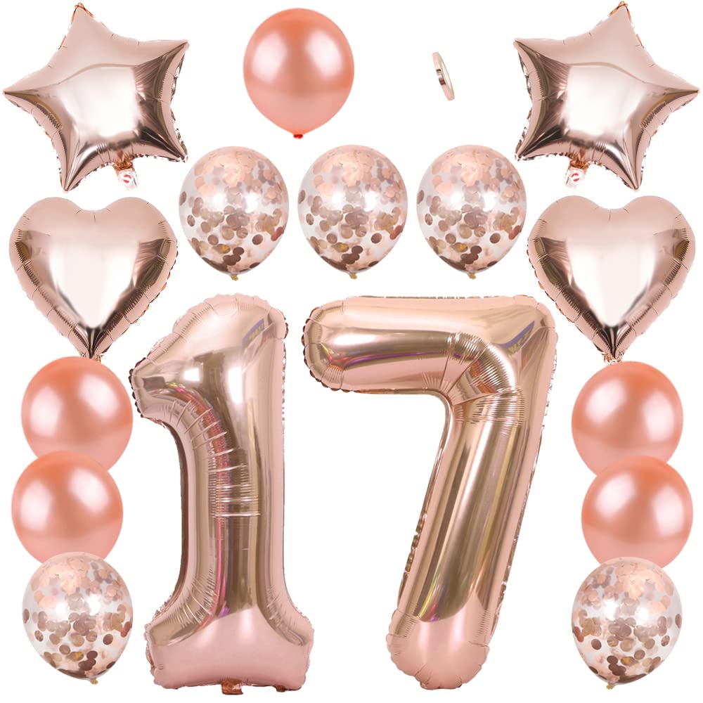 Ceqiny 40" 17th Number Mylar Balloon, 18" Star Heart Foil, 12" Sequins Latex for Birthday Party, Wedding, Bridal Shower, Photo Shoot, Anniversary Decor - Rose Gold 17 Kit