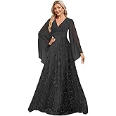 VDUSTVROSEY Mother of The Bride Dresses for Women Leaf Sequins Formal Dress Tulle Long Sleeves Chiffon V Neck Evening Gowns