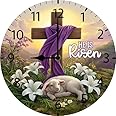 Soliyoahee Christian Wall Sign Bible Verse Art He is Risen Wall Clock Vintage Wooden Battery Operated Non Ticking 10inch Clock Silent Art Rustic Wood Clock for Home Bedroom Kitchen Office