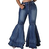 SeNight Women Bell Bottom Jeans Elastic Waist Ripped Flared Jean Destroyed Raw Hem Denim Pants