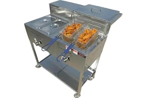 GAS SHARK Heavy Duty 2 Basket Deep Fryer Cart | 3 Gallon Single Tank | 2 Pan Steam Table | Portable 4 Wheel | Stainless Steel | Frying Thermometer | Outdoor Propane Fryer for Chicken, Fish, & More