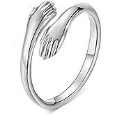 GULICX 925 Sterling Silver Hug Rings for Women, Adjustable Solid Vintage Silver Thumb Ring, Unisex Resizable Silver Hugging Hands Open Promise Ring Jewelry Hug Hands Mens Rings Couples Wedding Bands