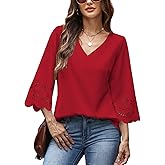 CiCiBird Women's V Neck Blouse 3/4 Bell Sleeve Loose Tops Casual Dressy Eyelet Shirts
