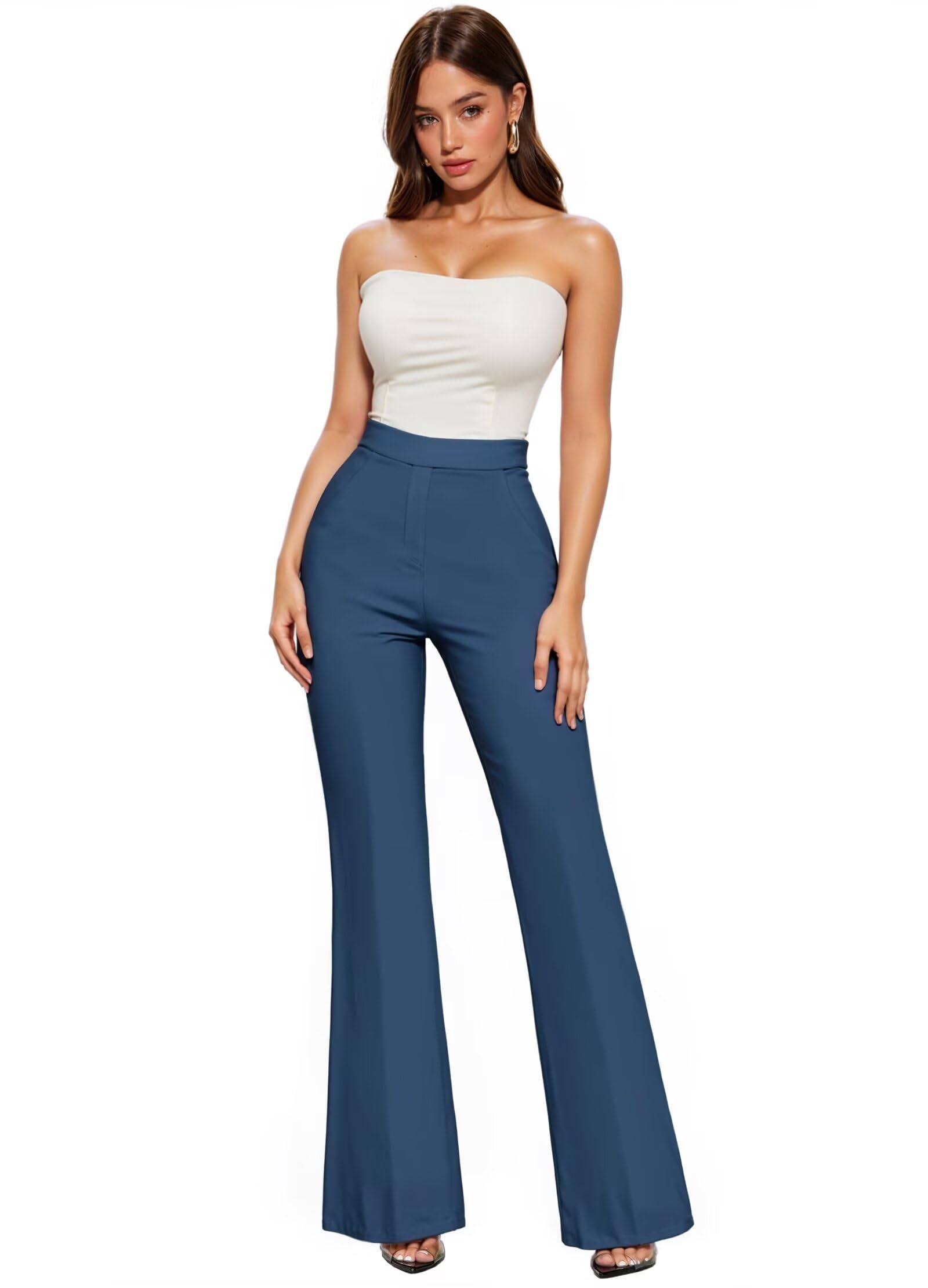 Photo 1 of & Company Womens Ultra Stretch Ponte Flare Pants-High Rise,Faux Pockets,Pull On,Wrinkle Resistant-Casual & Office Wear KP38012FL Navy M