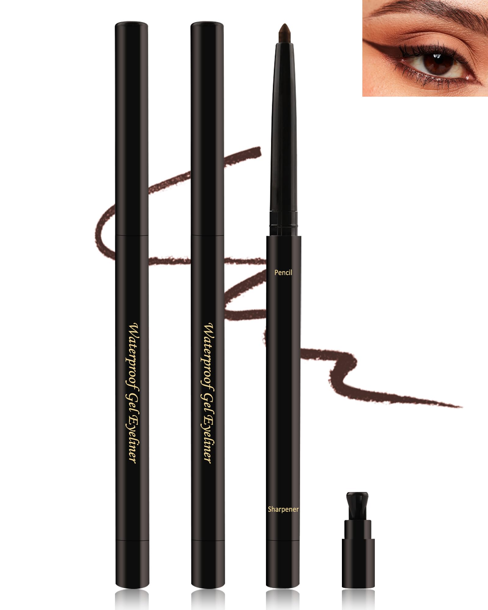 Brown Waterproof Eyeliner for Older Women - Long Lasting 24H Retractable Pencil, Matte Smooth for Waterline, Sharpener Included - Smudge-Proof for Sensitive Eyes - 2Pcs