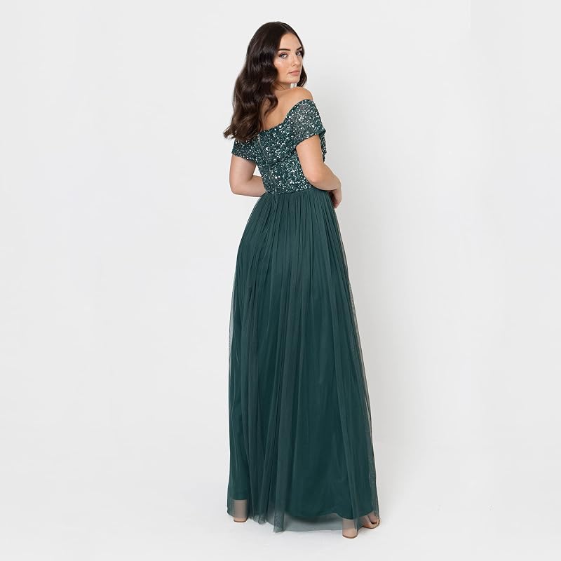 Vestido Maxi Decorado de Dama de Honor Maya Bardot, Verde Esmeralda, 46 para Mulheres