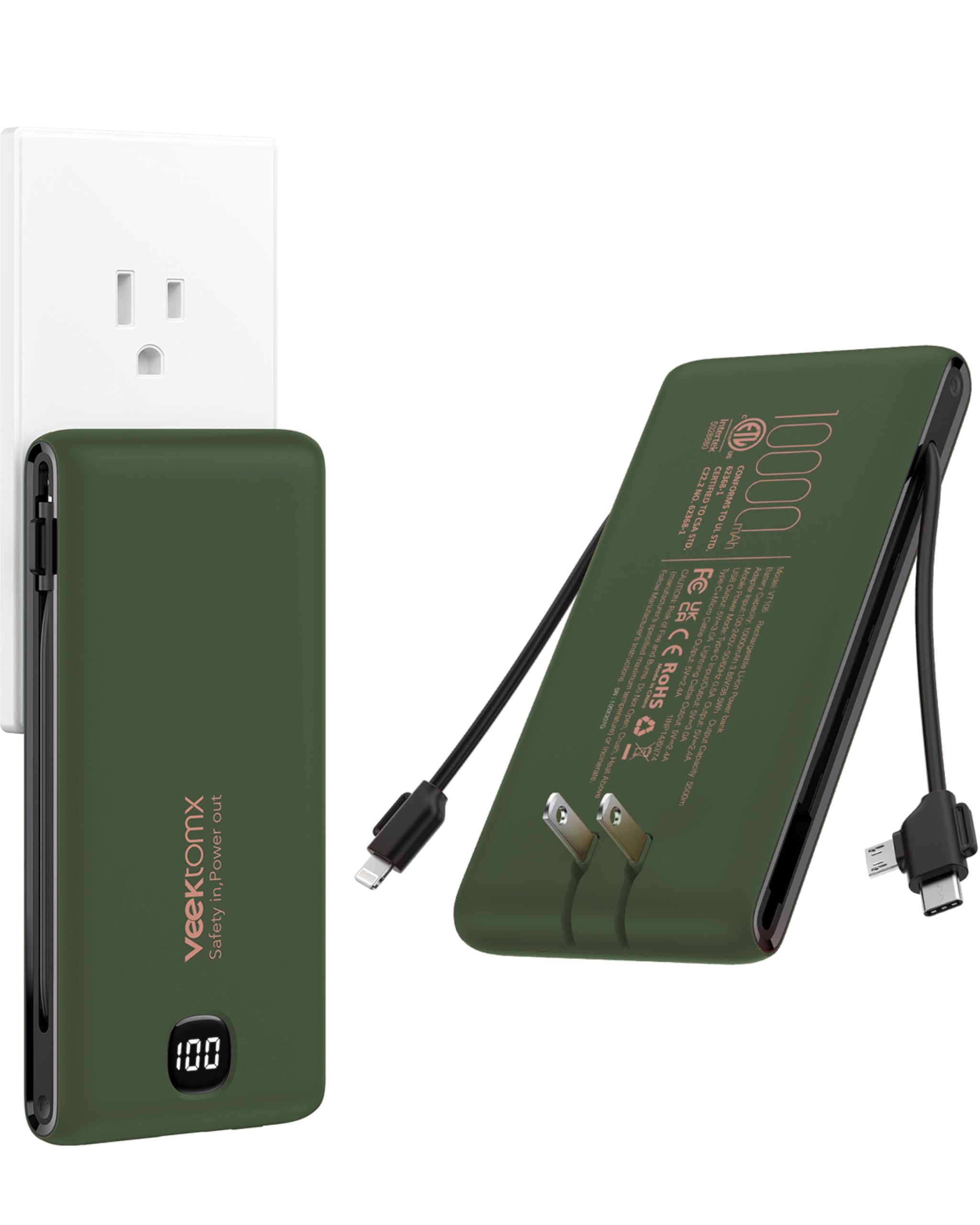 VEEKTOMX Portable Charger with Built in Cables 10000mAh, Power Bank for iPhone with Wall Plug, Travel Essential Fast Charging USB C Slim External Battery Pack for iPhone 17/16/15, Samsung, iPad, etc