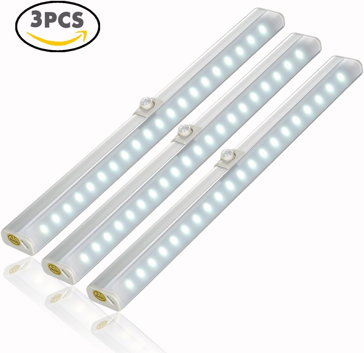 Cupboard Light Motion Sensor Wardrobe Lights, Rechargeable 20 Led Wireless Cabinet Lighting, Easy To Stick-on Anywhere with Magnetic Strip (3-Pack White Light)