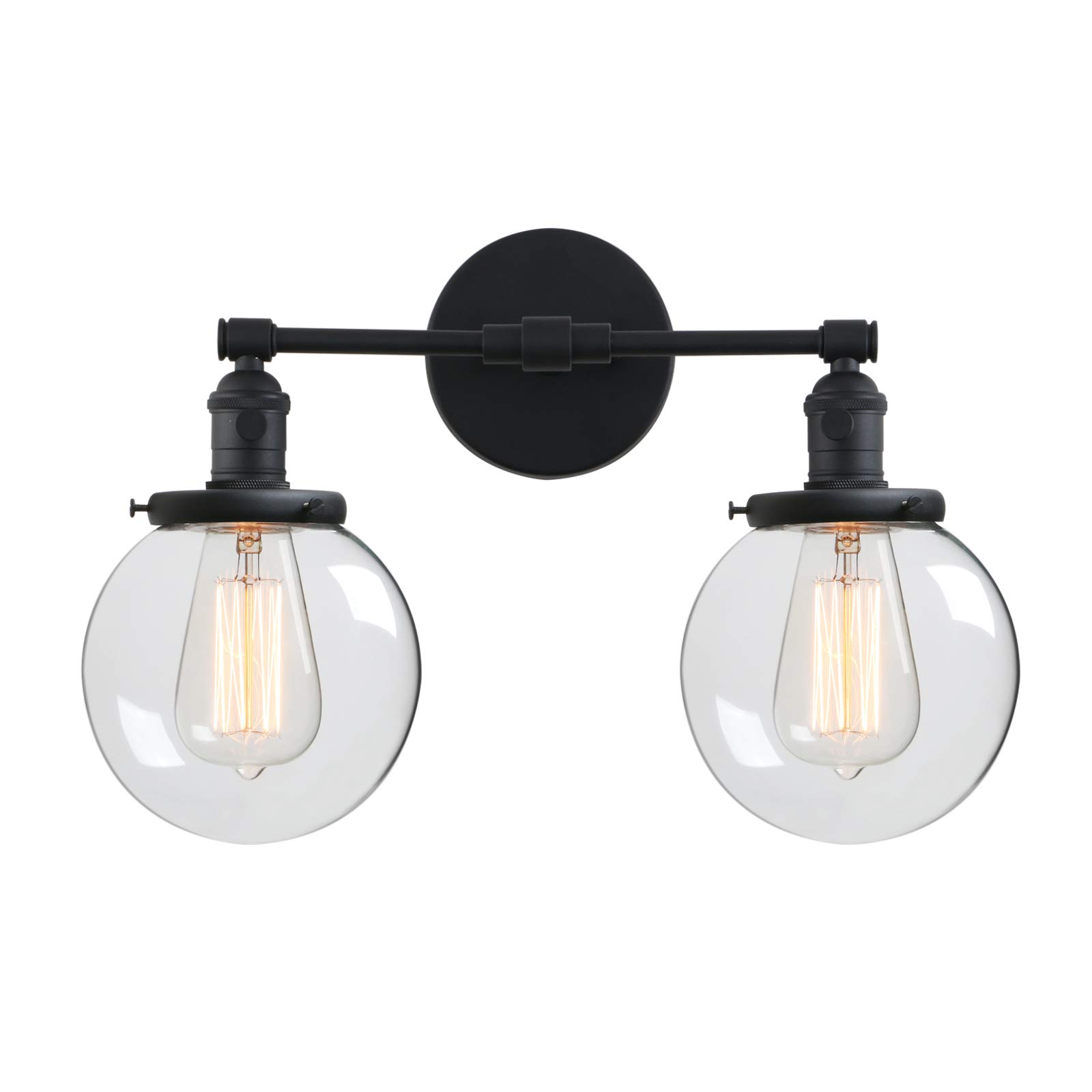Phansthy Vintage Wall Light Fixtures with Globe Clear Glass Shade Double Lights Wall Sconces Lighting Switched Indoor Rustic 2 Head Wall Lamps for Living Room Bedroom Vanity Mirror (Black)