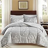 AIKASY Bed in a Bag 7 Pieces Queen Size - Floral Print - Soft Microfiber, Reversible Bed Comforter Set (1 Comforter, 2 Pillow Shams, 1 Flat Sheet, 1 Fitted Sheet, 2 Pillowcases)(Grey, Queen)