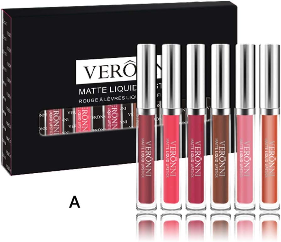 VERONNI 6pcs/set Matte Lipstick Set, Matte Velvety Liquid Lip Gloss Waterproof Natural, Long Lasting Non-Stick Cup Moisturizer Liquid Lipstick, A
