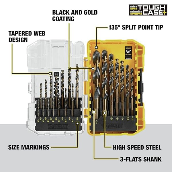 DEWALT DRILL BIT SET, 21 PC HIGH SPEED STEEL DEWALT BITS, BLACK AND GOLD OXIDE COATED, 135 DEGREE SPLIT POINT, 31 DEGREE HELIX (DWA1181)