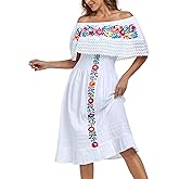 YZXDORWJ Mexican Dress for Women Embroidered Off-Shoulder Lace Dress Fiesta Mexico Boho Floral Dress