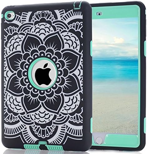 iPad Mini 4 Case ALLW 3 in 1 Hybrid Case Cover PC+Silicone Flower Pattern Design High Impact Defender Bumper Protective Shell Case Shockproof Heavy Duty Case (Flower Mint)