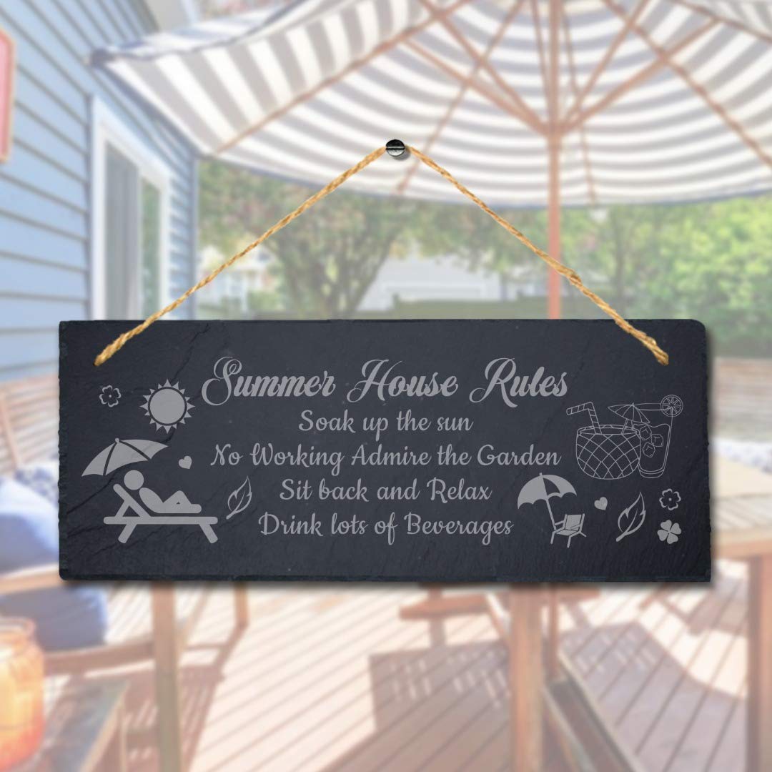 Stukk Summer House Rules Soak Up The Laser Hanging Garden Sign, Natural Engraved Slate Stone Plaque, 30x12cm