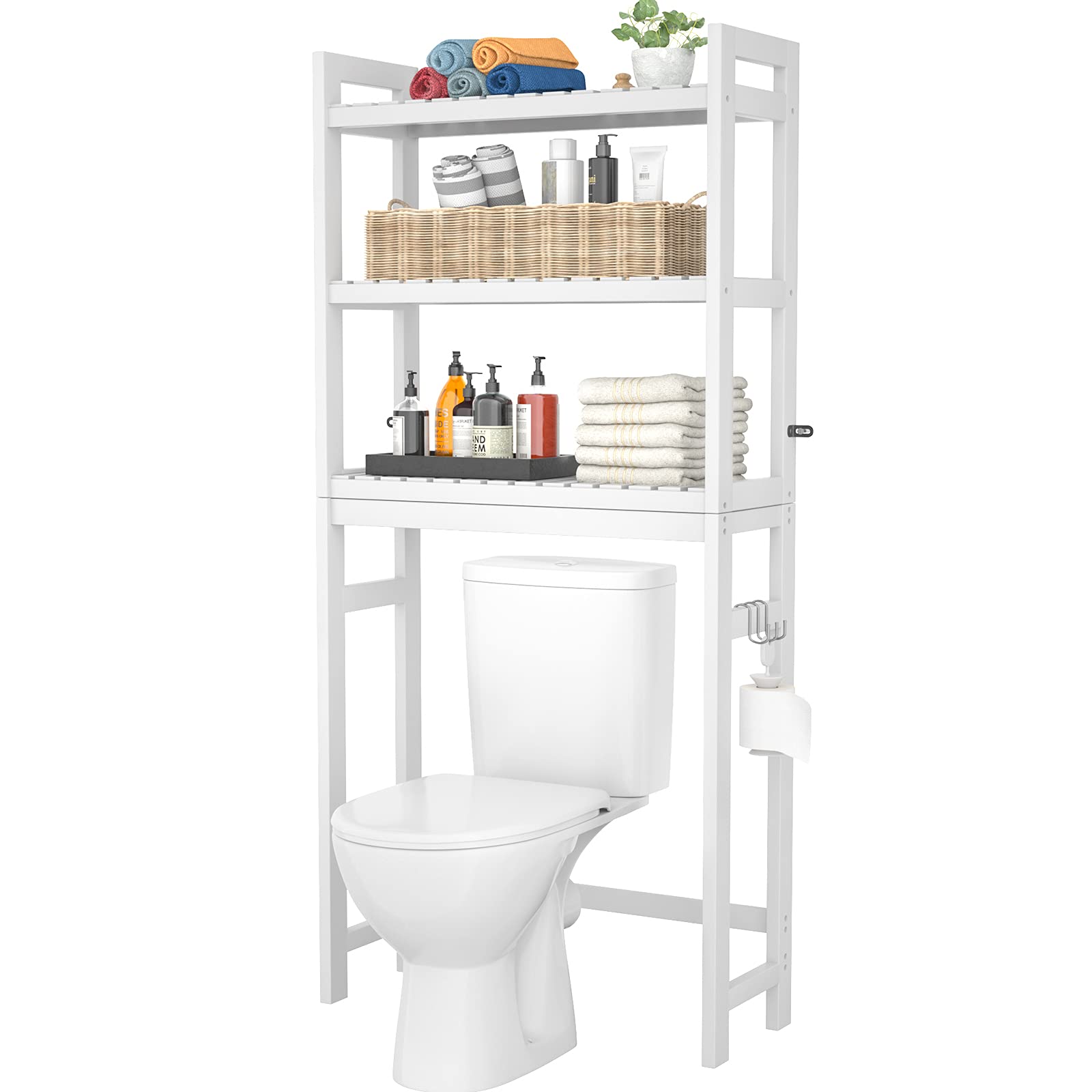 Photo 1 of ***SIMILAR ITEM*** Homykic Over The Toilet Storage, Bamboo Over Toilet Bathroom Organizer Rack, Freestanding Bathroom Shelves Above Toilet Storage with 3 Hooks, Bathroom Space Saver, No Rust, Easy to Assemble, White