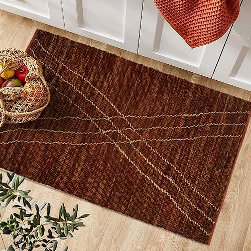 GRUHUM Handwoven Jute Area Rugs 5x8ft-Natural Fibre Braided Rustic Vintage Leather Brown Boho Soft Eco Friendly Rectangular Rugs for Farmhouse Indoor Outdoor Kitchen Bedroom LivingRoom Hallways(5'x8')