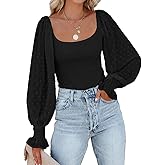 Tunlaud Women Square Neck Puff Long Sleeve Bodysuit Jumpsuit Off Shoulder Leotard Sheer Polka Dot Sleeve Shirts Tops