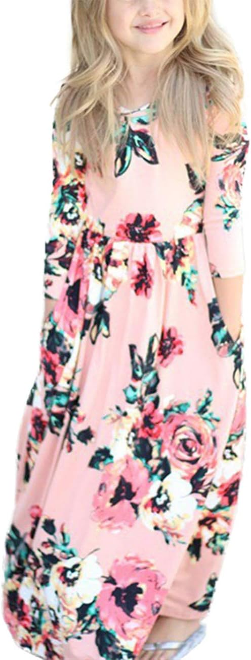 Dongpai Girls 3/4 Sleeve Floral Maxi Dress Pleated Casual Swing Long Maxi Holiday Dress with Pockets