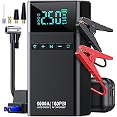 CZKBG 10-in-1 Portable Car Battery Jump Starter with Air Compressor, 6000A 160PSI Portable Car Jumper Starter (All Gas 12L Diesel), 12V Jump Box Car Battery Jump Starter with Jumper Cables, Lights