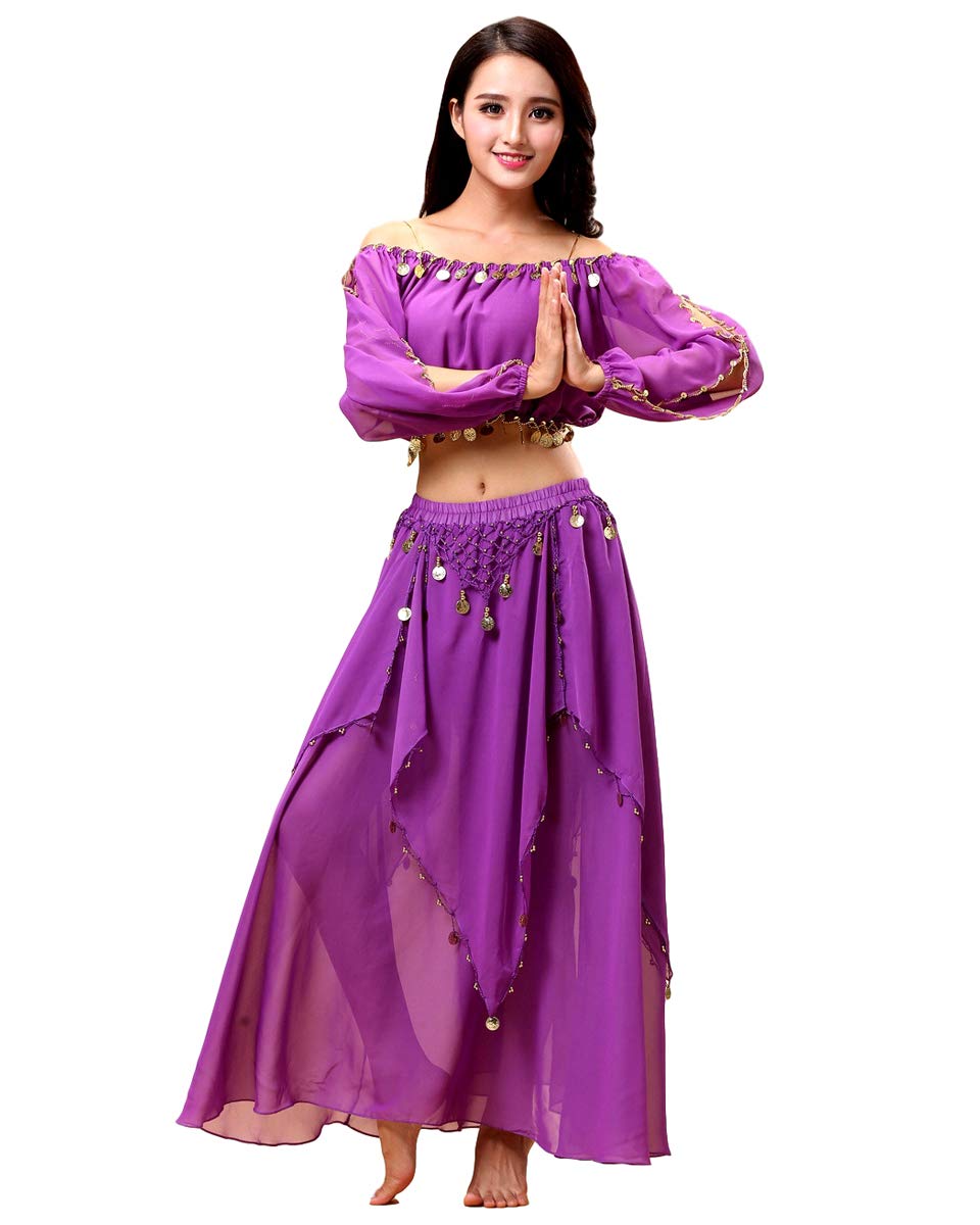 Grouptap Arabian womens belly dancer long sleeve indian Bollywood costume set outfit purple slit top pants ladies girls dancing (Purple, 150-170 cm)