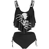 DRESSFO Gothic Skull Tankini Bikini Set | Soft Stretch Swim Fabric, Padded Wire-Free Tops, High-Waisted Two-Piece, Beach Pool Day Ready