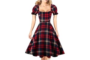 Hanpceirs Women's Puff Short Sleeve 1950s Party Dresses Square Neck Aline Dress with Pockets