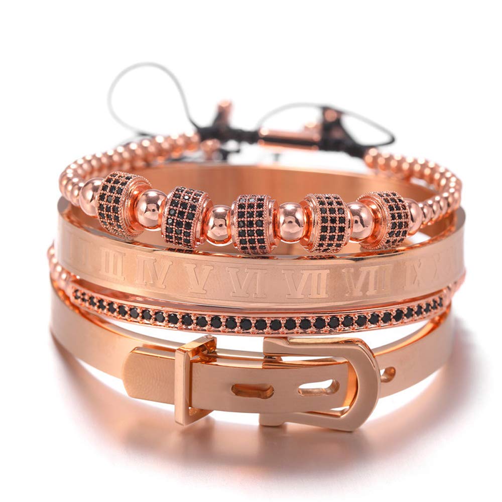 Cutenation Imperial Crown King 18K Gold CZ Beads Bracelet Luxury Charm Fashion Bangle for Men Women (C Rose Gold)