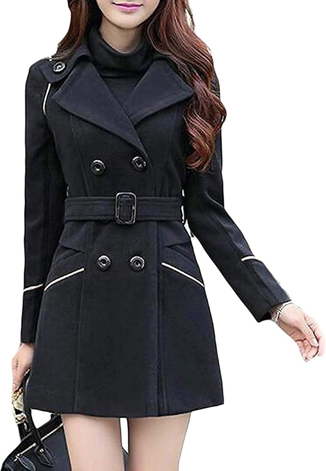 Women's Overcoat Plain Woollen Blend Winter Belted Double Breasted Pea