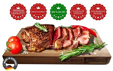 PISDEZ BBQ Grillmeister und Chefkoch Schneidebrett Schneidbrett mit Griffmulde in Premium Qualität aus 100% Eichenholz Eiche 