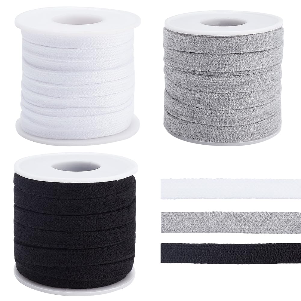 BENECREAT 3 Rolls 30m/32.8Yards Flat Replacement Cotton Cords, 10mm Wide 3 Colors Flat Drawstring Cord Rope with Plastic Spools for Garment Accessories Sports Pants Sweater