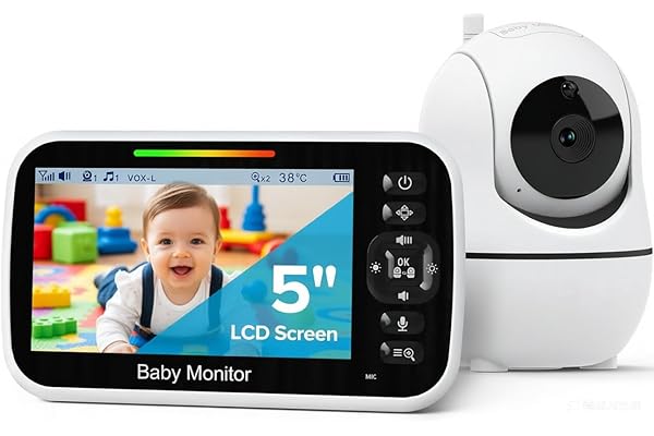 GoodBaby 5" Baby Monitor with Camera and Audio | No WiFi Secure FHSS, 30-Hour Battery, Remote PTZ, Auto Night Vision, Room Temperature, Two-Way Audio，Lullabies，1000ft Range