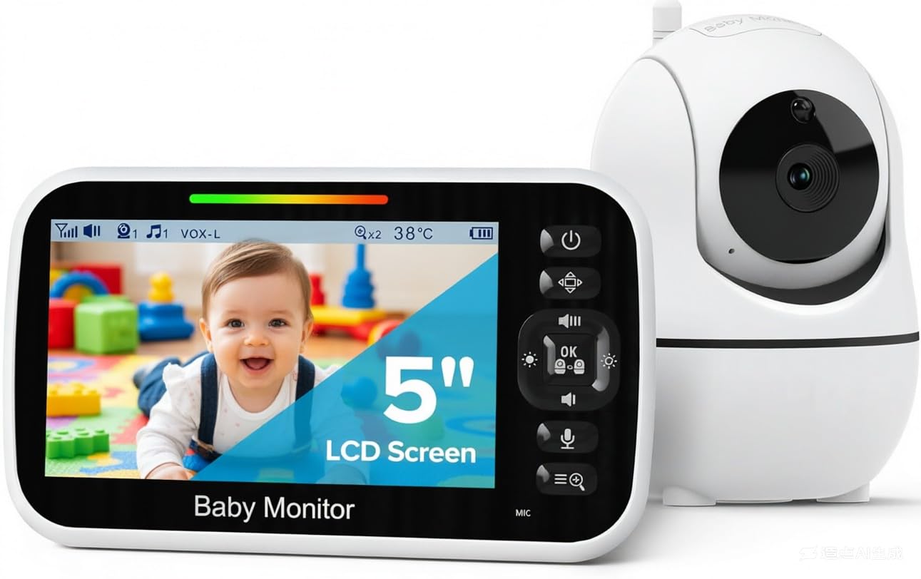 GoodBaby 5" Baby Monitor with Camera and Audio, No WiFi Secure Camera, 30-Hour Battery, Remote PTZ, Auto Night Vision, Room Temperature, Two-Way Audio，Lullabies，960 ft Range Image