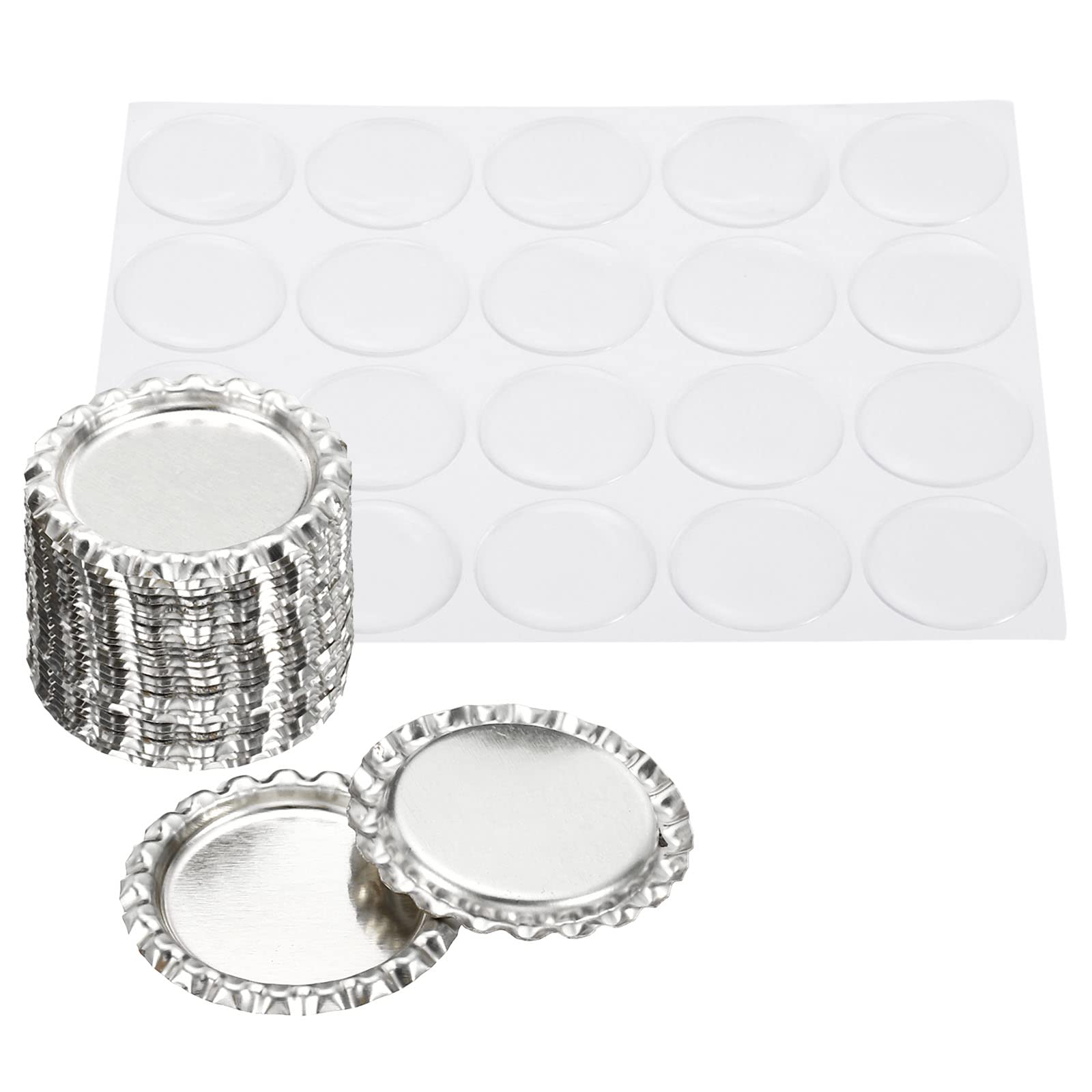 PATIKIL 1 Inch Flat Decorative Bottle Caps, 20 Set Craft Bottle Pendant Trays Double Sides Printed with Clear Resin Stickers for DIY Craft, Silver Tone