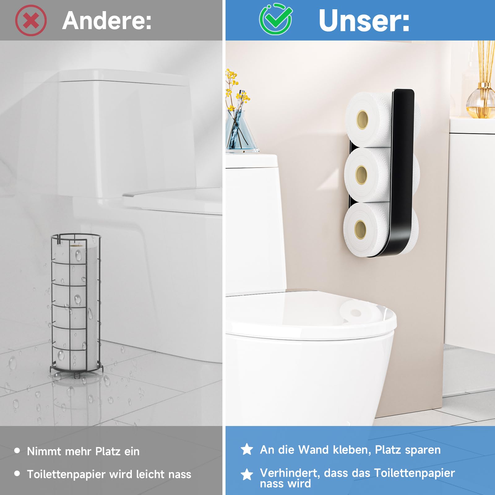 Toilettenpapier Aufbewahrung Wand, Klopapier Aufbewahrung, Toilettenpapierhalter Ohne Bohren, Ersatzrollenhalter Toilettenpapier für 3 Rollen, Selbstklebend Klopapierhalter, Schwarz 7
