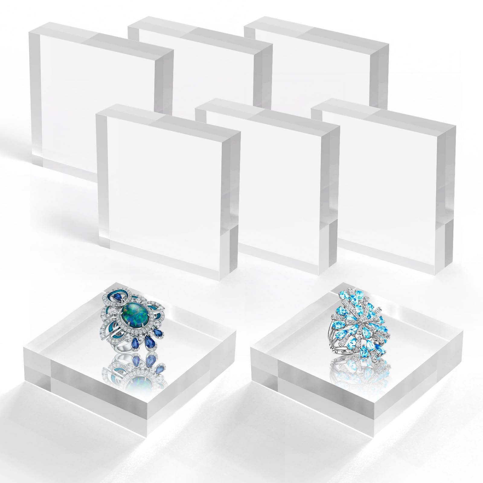 Photo 1 of SAMYUCHO Acrylic Base Stand 8 Pieces Acrylic Blocks for Display 4 X 4 X 1 Inch Clear Polished Block Square Cube Riser Display Pedestal Stands for Jewelry Perfume Ring Collection Props Cake