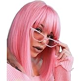 AISI BEAUTY Pink Bob Wigs with Bangs 12 Inch Short Straight Bob Wigs Colorful Synthetic Cosplay Daily Party Wig for Women